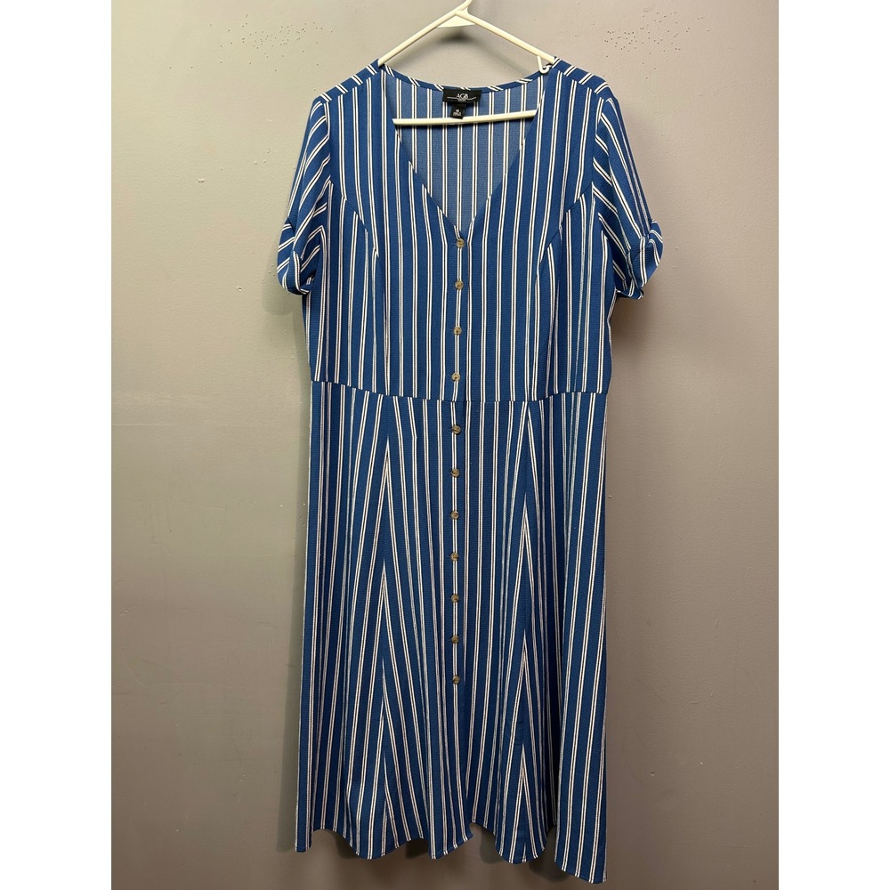 AGB Dress Womens 14 Blue White Stripe Button Front Midi Modest Office Career‎